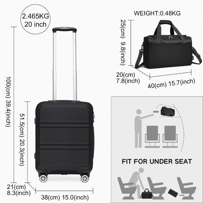 2-Piece ABS Sculpted Horizontal Design Suitcase Set with Cabin Bag – 20-Inch – Black