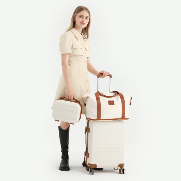 ABS 4 Wheel Suitcase Set with Vanity Case, Weekend Bag and Toiletry Bag – Cream