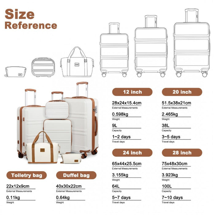 6-Piece ABS Suitcase Set with 4 Wheel Design Including Vanity Case Weekend Bag and Toiletry Bag – Cream