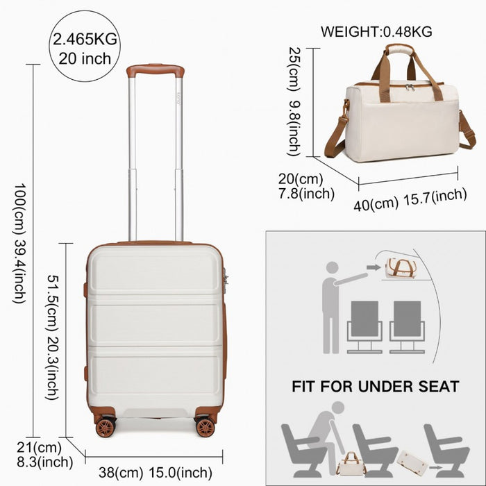 2-Piece ABS Sculpted Horizontal Design Suitcase Set with Cabin Bag – 20-Inch – Cream