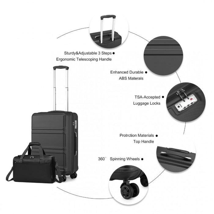 2-Piece ABS Sculpted Horizontal Design Suitcase Set with Cabin Bag – 20-Inch – Black