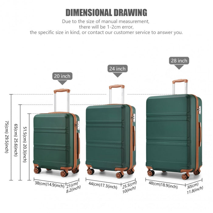 3-Piece ABS Sculpted Horizontal Design Suitcase Set – Green and Brown