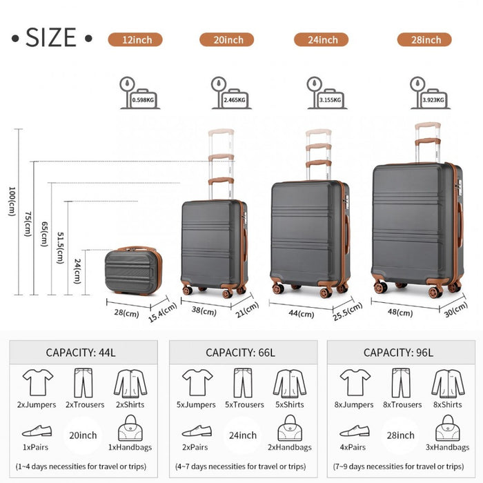 4-Piece ABS Sculpted Horizontal Design Suitcase Set with Vanity Case – Grey and Brown