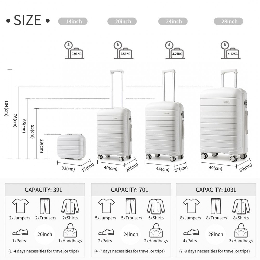 4-Piece Multi-Texture PP Hard Shell Suitcase Set with Vanity Case – Classic Collection – White