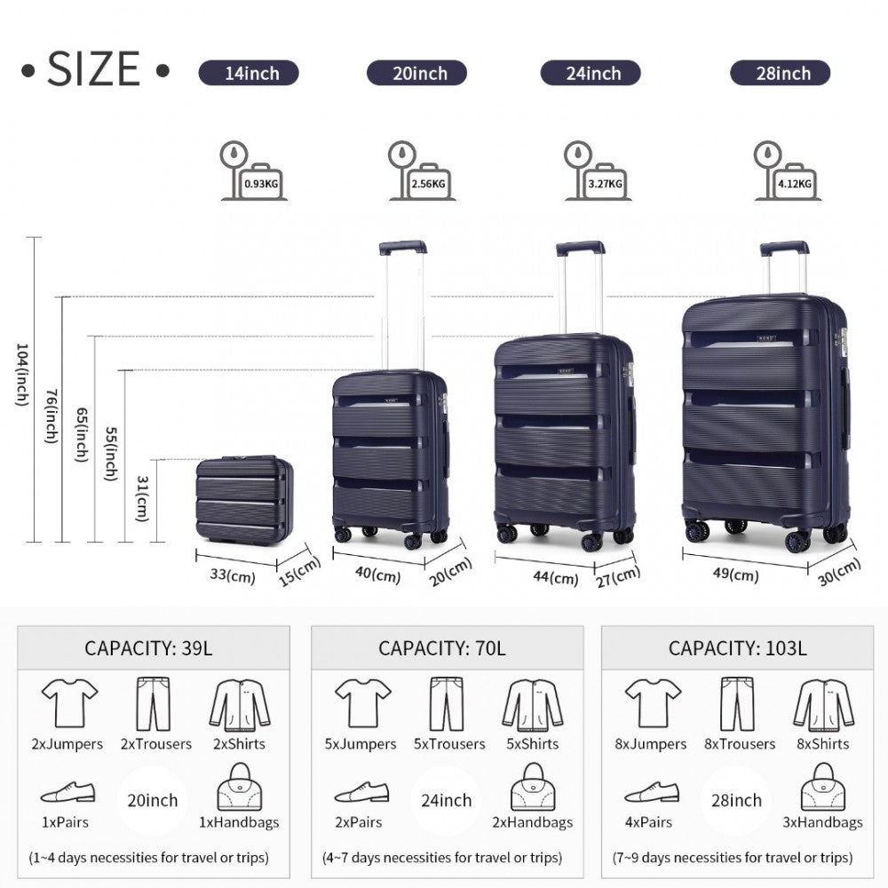 4-Piece Bright PP Hard Shell Suitcase Set with TSA Lock and Vanity Case – Classic Collection – Navy