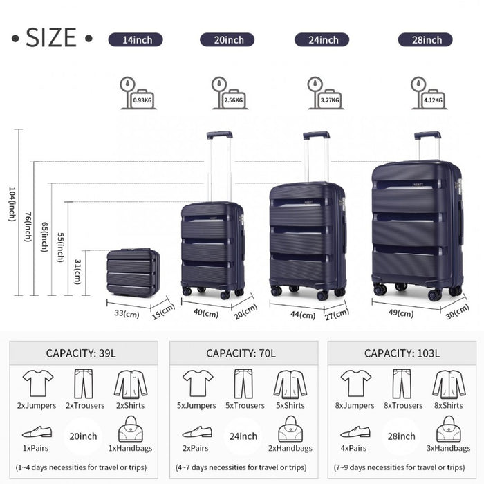 4-Piece Bright PP Hard Shell Suitcase Set with TSA Lock and Vanity Case – Classic Collection – Navy
