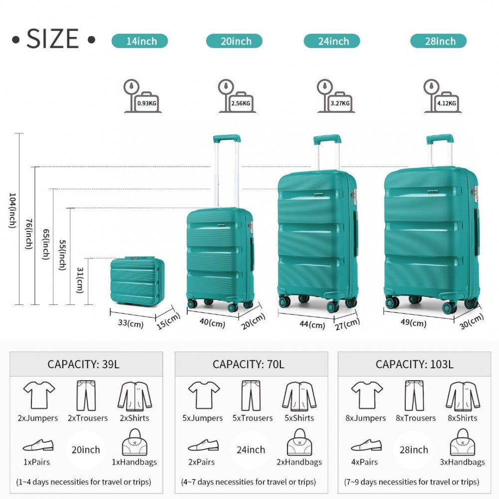 4-Piece Bright PP Hard Shell Suitcase Set with TSA Lock and Vanity Case – Classic Collection – Blue