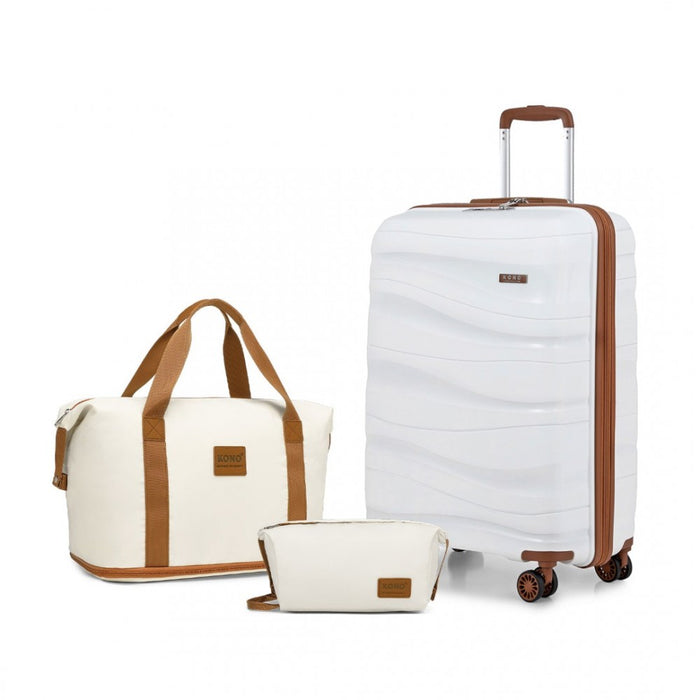 3-Piece Polypropylene Cabin Suitcase Travel Set with Weekend Bag and Toiletry Bag – 20-Inch – Cream