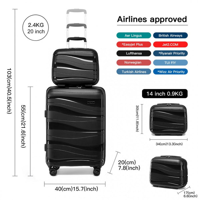 2-Piece Lightweight Polypropylene Hard Shell Suitcase Set with Vanity Case – 14/20-Inch – Black