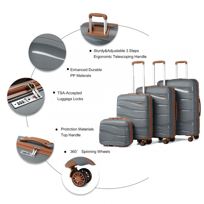 4-Piece Lightweight Polypropylene Hard Shell Suitcase Set with Vanity Case – Grey and Brown