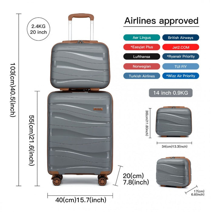 2-Piece Polypropylene Hard Shell Suitcase Set with Vanity Case – 14/20-Inch – Grey and Brown