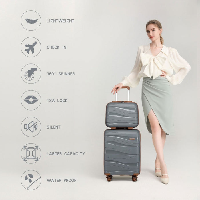 2-Piece Polypropylene Hard Shell Suitcase Set with Vanity Case – 14/20-Inch – Grey and Brown