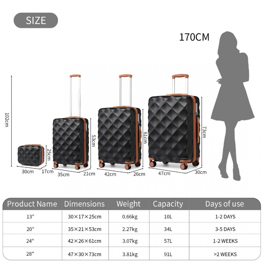 4-Piece Ultralight ABS and Polycarbonate Bumpy Diamond Luggage Set with TSA Lock – Black and Brown