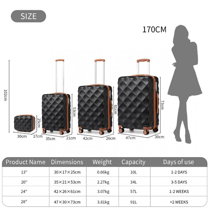 4-Piece Ultralight ABS and Polycarbonate Bumpy Diamond Luggage Set with TSA Lock – Black and Brown