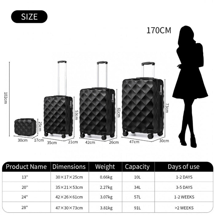 4-Piece Ultralight ABS and Polycarbonate Bumpy Diamond Luggage Set with TSA Lock – Black