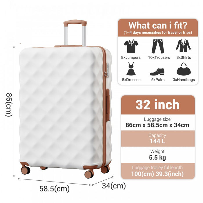 Extra-Large Diamond Texture ABS+PC Hard-Shell Spinner Suitcase with Telescopic Handle – 32-Inch – Cream