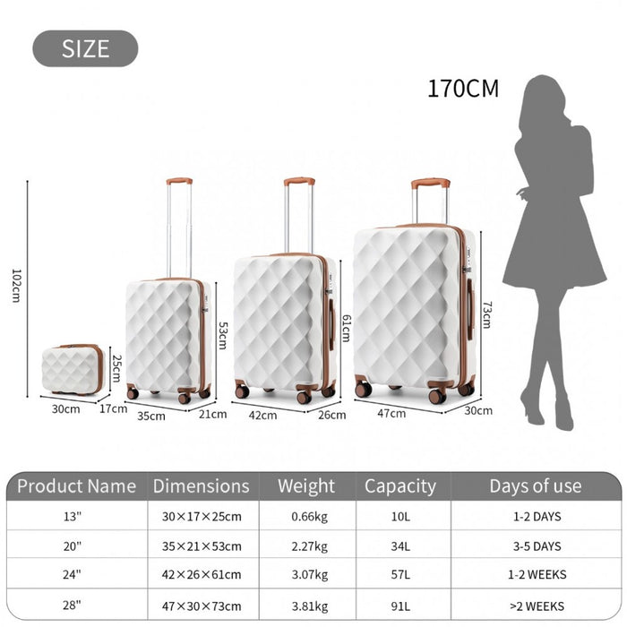 4-Piece Ultralight ABS and Polycarbonate Bumpy Diamond Luggage Set with TSA Lock – Cream