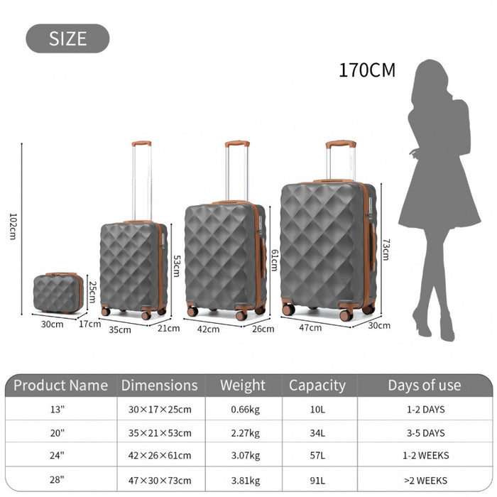 4-Piece Ultralight ABS and Polycarbonate Bumpy Diamond Luggage Set with TSA Lock – Grey and Brown