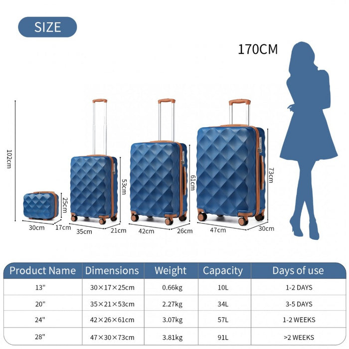 4-Piece Ultralight ABS and Polycarbonate Bumpy Diamond Luggage Set with TSA Lock – Navy and Brown