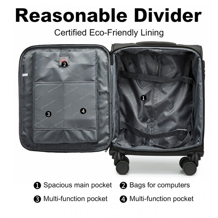 Lightweight Cabin Carry-On Suitcase with Soft Shell and Laptop Compartment – 20-Inch – Black