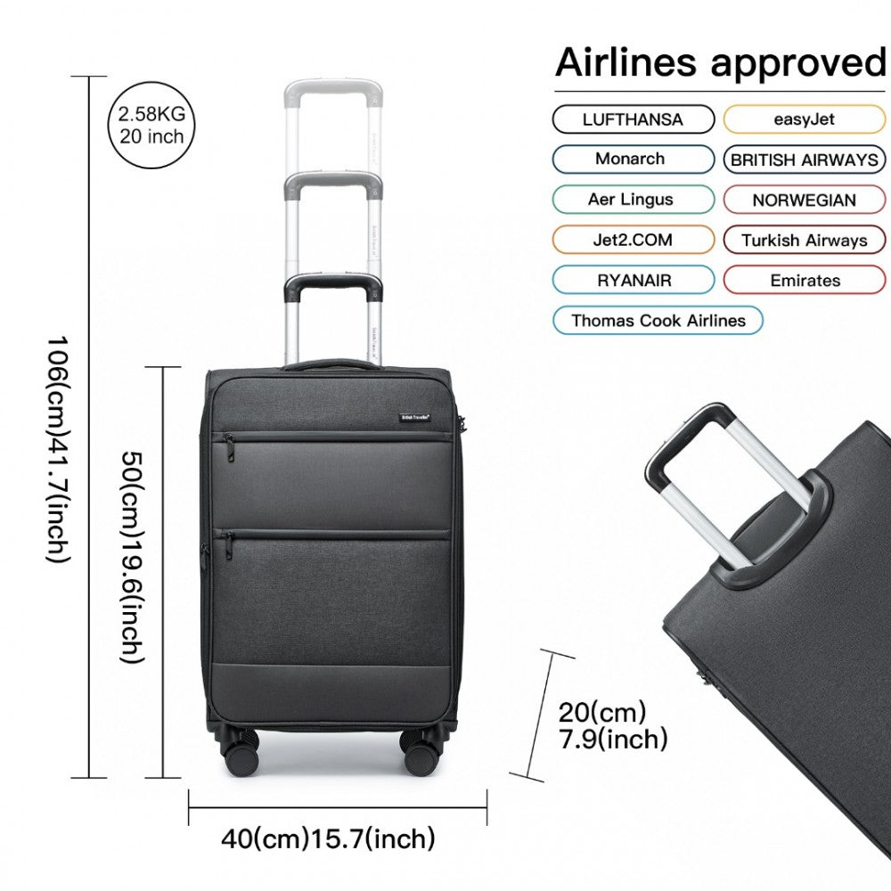 Lightweight Cabin Carry-On Suitcase with Soft Shell and Laptop Compartment – 20-Inch – Black