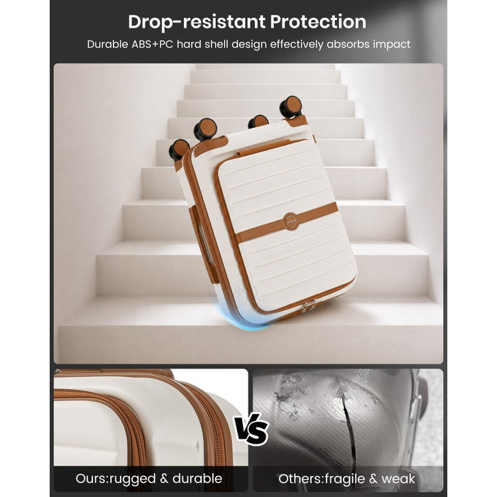 Front-Opening Cabin Suitcase with 15.6-Inch Laptop Compartment – 21-Inch – Cream and Brown