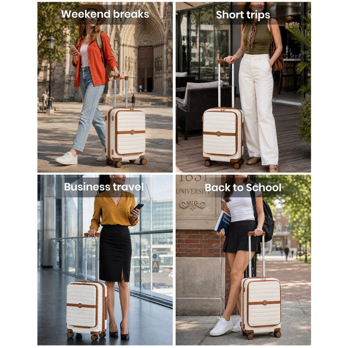 Front-Opening Cabin Suitcase with 15.6-Inch Laptop Compartment – 21-Inch – Cream and Brown