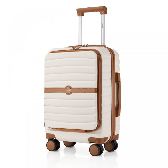 Front-Opening Cabin Suitcase with 15.6-Inch Laptop Compartment – 21-Inch – Cream and Brown