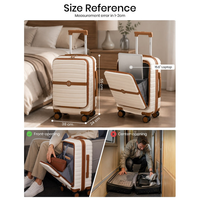 Front-Opening Cabin Suitcase with 15.6-Inch Laptop Compartment – 21-Inch – Cream and Brown