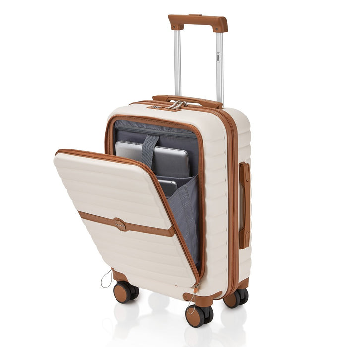 Front-Opening Cabin Suitcase with 15.6-Inch Laptop Compartment – 21-Inch – Cream and Brown