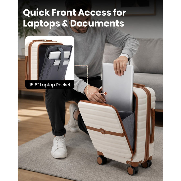 Front-Opening Cabin Suitcase with 15.6-Inch Laptop Compartment – 21-Inch – Cream and Brown