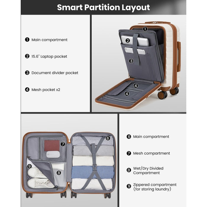 Front-Opening Cabin Suitcase with 15.6-Inch Laptop Compartment – 21-Inch – Cream and Brown