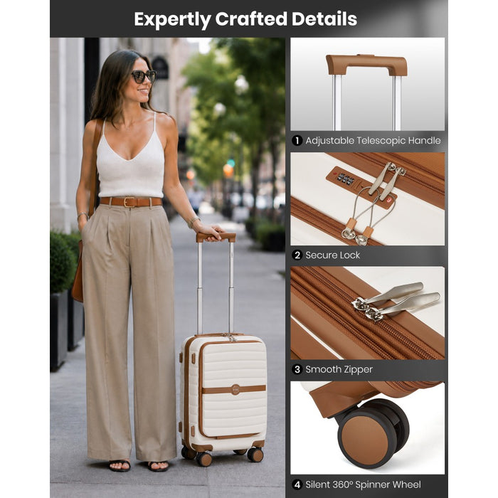 Front-Opening Cabin Suitcase with 15.6-Inch Laptop Compartment – 21-Inch – Cream and Brown
