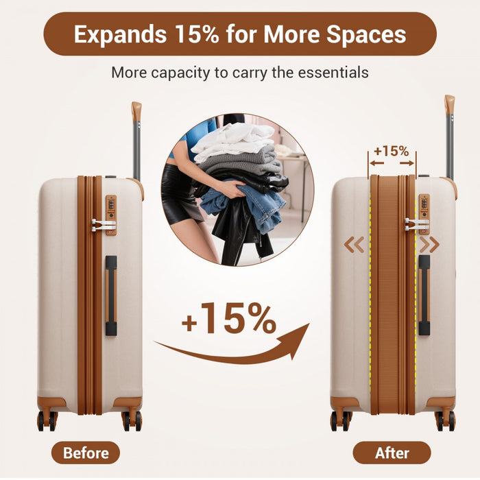 KSK2594 - Kono PP 24-inch Hard Shell Expandable Luggage–Lightweight Suitcase with TSA Lock & Built-in Cup Holder - Beige and Brown