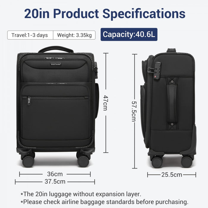 Soft Shell Suitcase with Front Laptop Compartment, TSA Lock – 20-Inch – Black