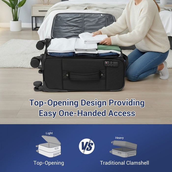 3-Piece Soft Shell Luggage Set with Laptop Compartment – 20/24/28-Inch – Black