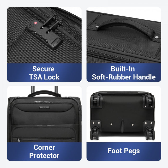 3-Piece Soft Shell Luggage Set with Laptop Compartment – 20/24/28-Inch – Black