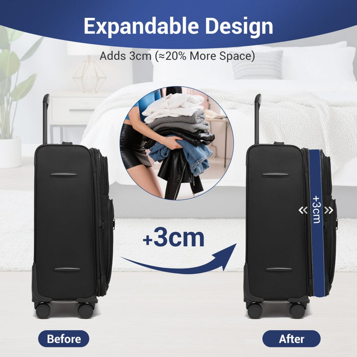 3-Piece Soft Shell Luggage Set with Laptop Compartment – 20/24/28-Inch – Black