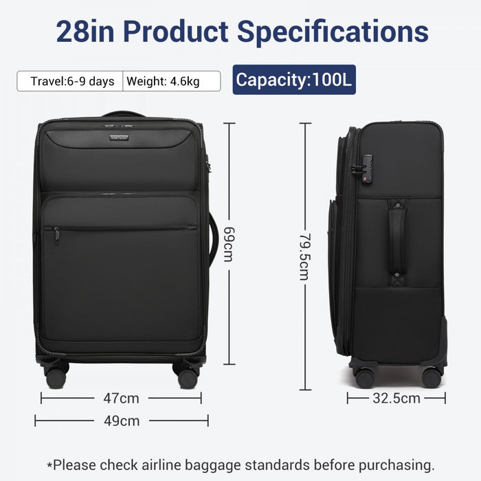 Large Expandable Soft Shell Suitcase with TSA Lock, Laptop Compartment – 28-Inch – Black