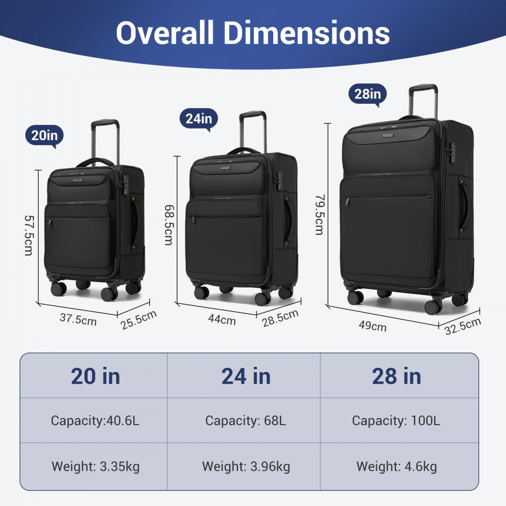 3-Piece Soft Shell Luggage Set with Laptop Compartment – 20/24/28-Inch – Black
