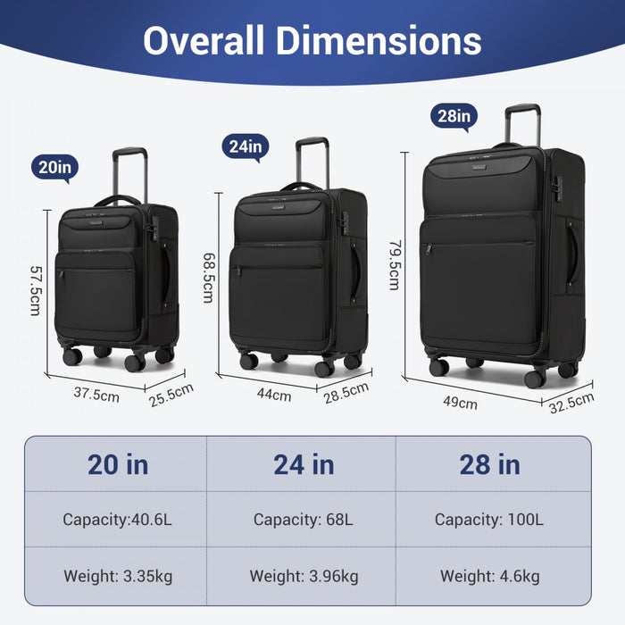 3-Piece Soft Shell Luggage Set with Laptop Compartment – 20/24/28-Inch – Black