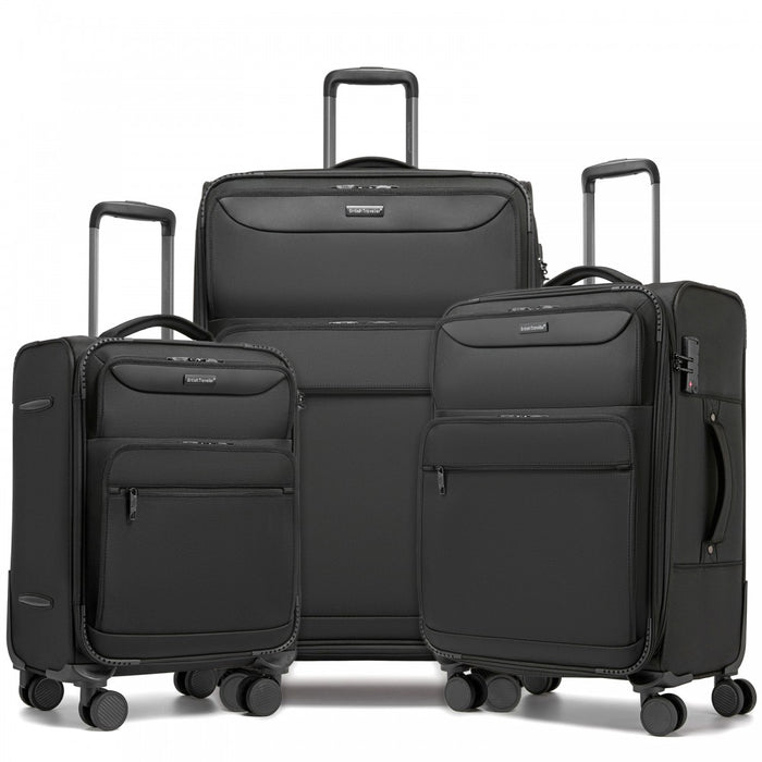 3-Piece Soft Shell Luggage Set with Laptop Compartment – 20/24/28-Inch – Black
