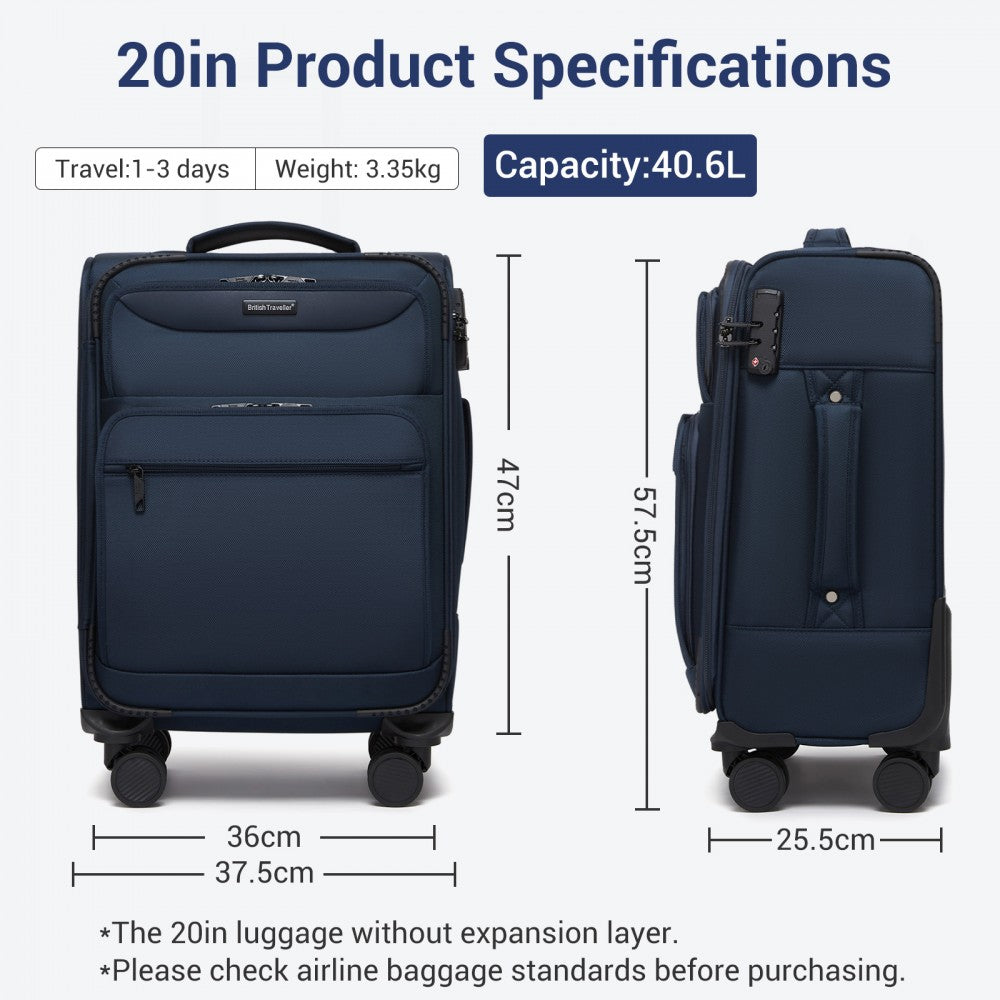Soft Shell Suitcase with Front Laptop Compartment, TSA Lock – 20-Inch – Navy