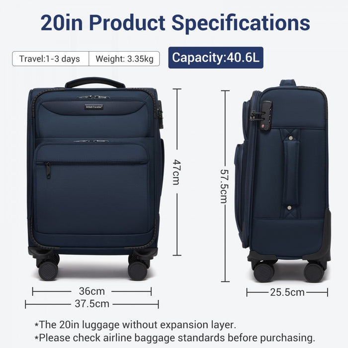 Soft Shell Suitcase with Front Laptop Compartment, TSA Lock – 20-Inch – Navy