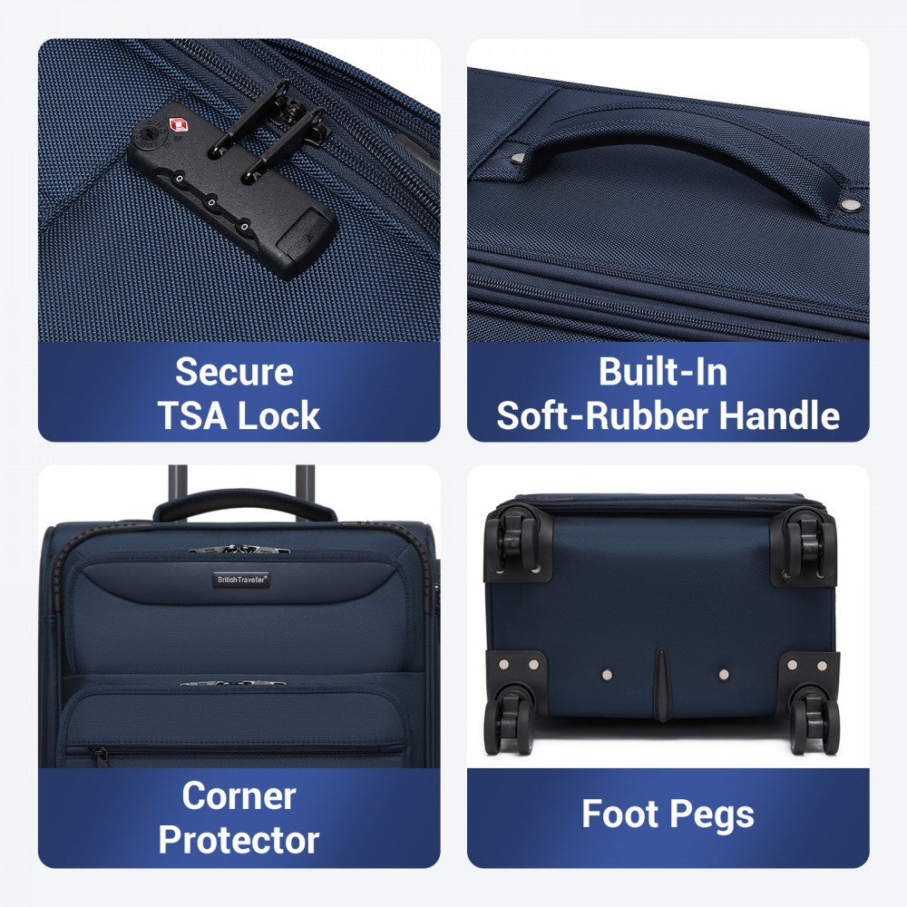 3-Piece Soft Shell Luggage Set with Laptop Compartment – 20/24/28-Inch – Navy
