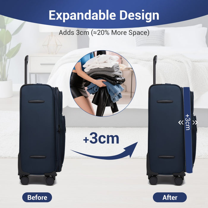 3-Piece Soft Shell Luggage Set with Laptop Compartment – 20/24/28-Inch – Navy