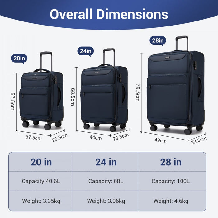 3-Piece Soft Shell Luggage Set with Laptop Compartment – 20/24/28-Inch – Navy
