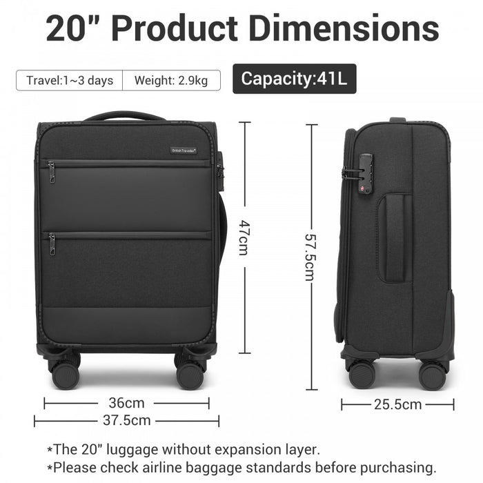 Tough Travel Soft Shell Suitcase with Silent TPE Spinners, TSA Security – 20-Inch – Black