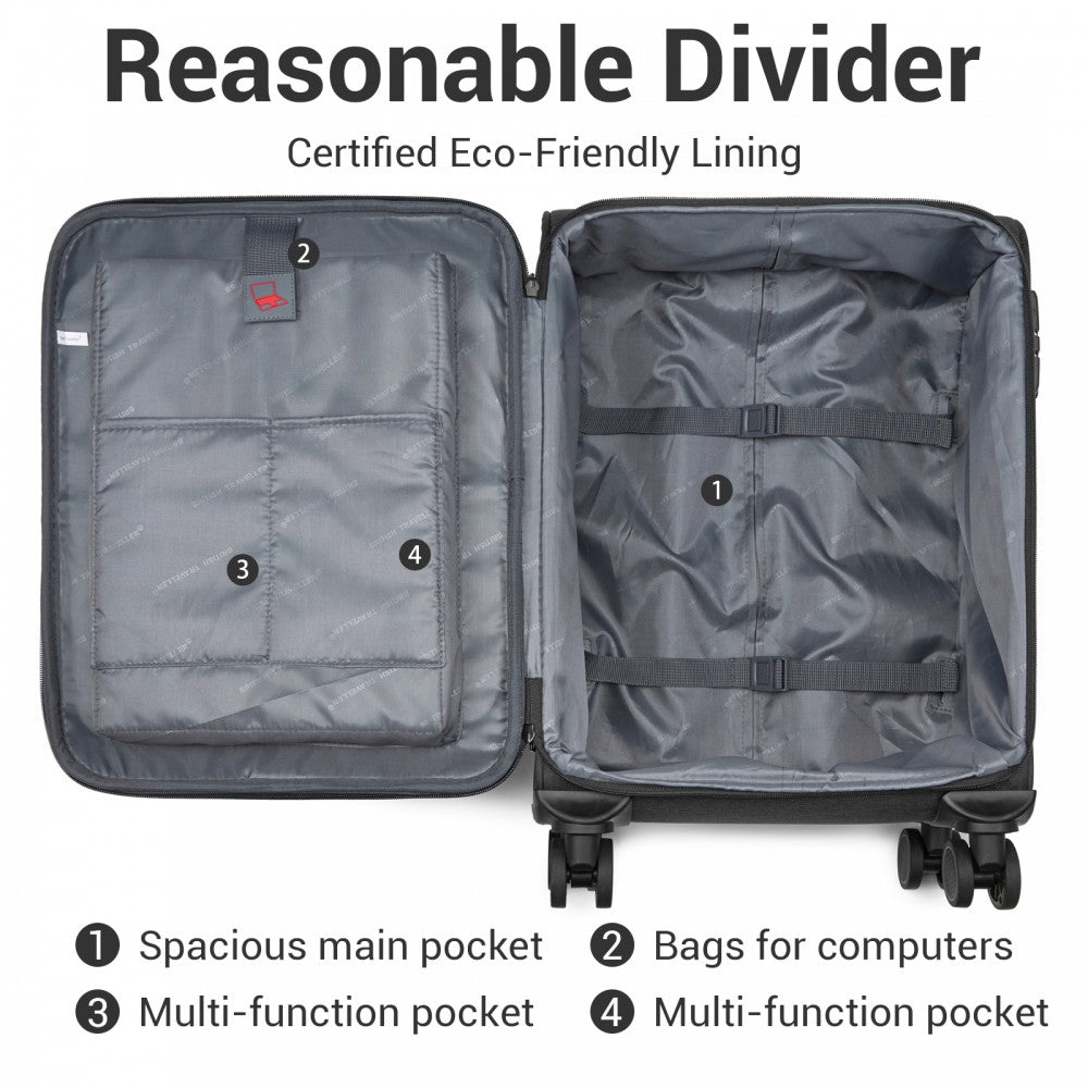 Tough Travel Soft Shell Suitcase with Silent TPE Spinners, TSA Security – 20-Inch – Black