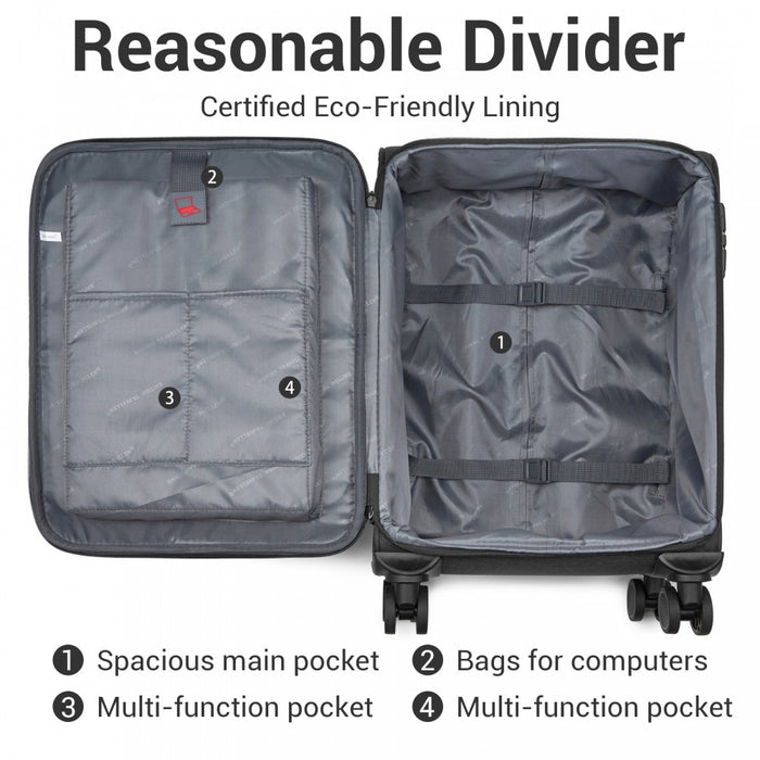3-Piece Travel Soft Shell Suitcase Set with Silent TPE Spinners, Expandable Checked Sizes – Black